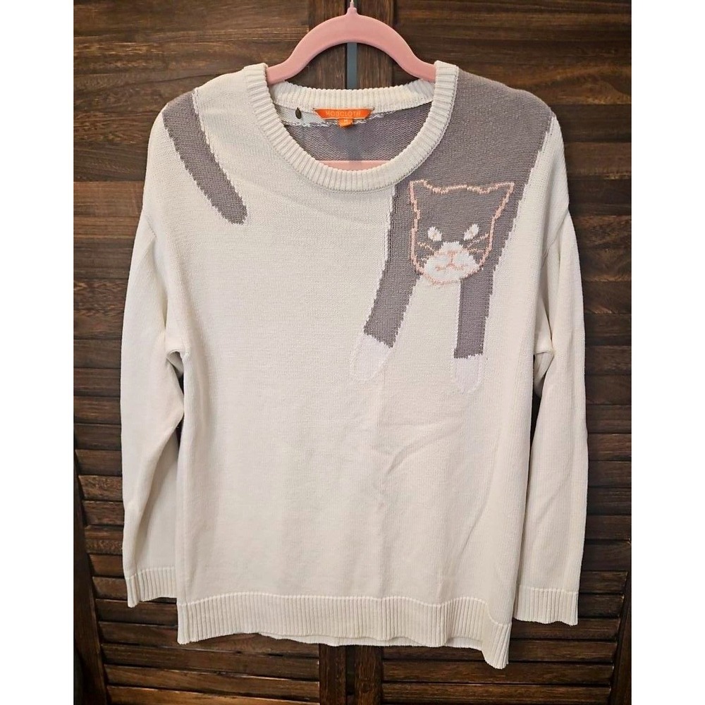 ModCloth Arendal Long Cat Sweater M Twee Intarsia Knit Whimsy Crewneck #847